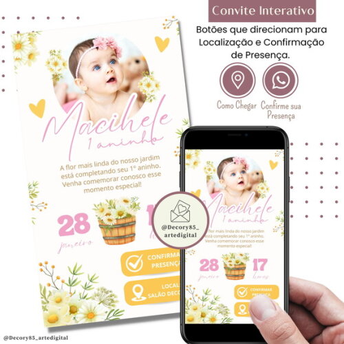 Convite Margarida Flores Menina Interativo Digital