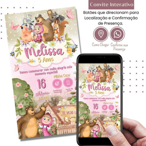 Convite Marsha e o Urso Aquarela Digital Interativo Virtual