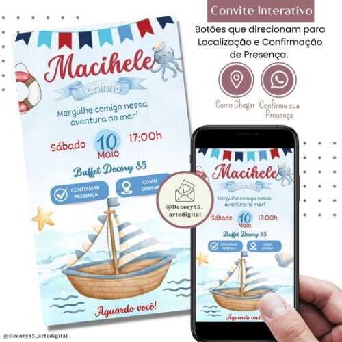 Convite Marinheiro Náutico Digital Interativo Virtual