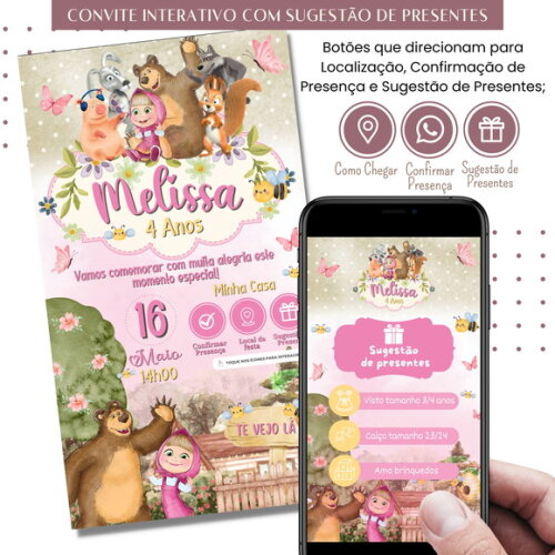 Convite Marsha e o Urso Digital Sugestão de Presente