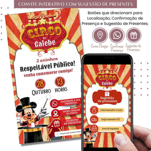 Convite Mickey Circo Digital Virtual Sugestão de Presente