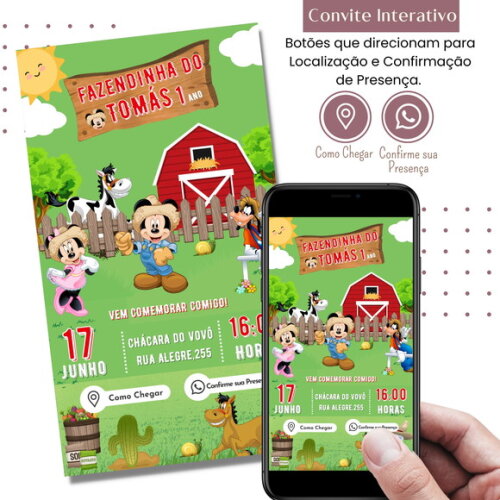 Convite Mickey Fazendinha Digital Interativo Virtual