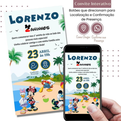 Convite Mickey Minnie Praia Digital Interativo Virtual