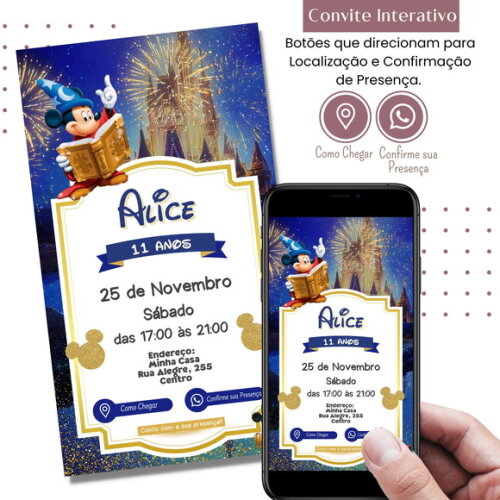 Convite Mickey Feiticeiro Fantasia Digital Interativo