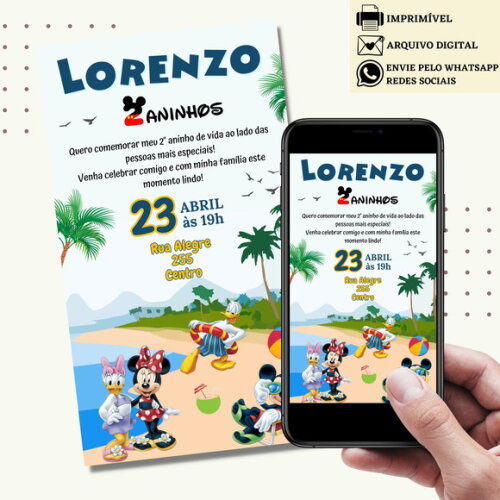 Convite Mickey Minnie Praia Pool Party Digital Virtual