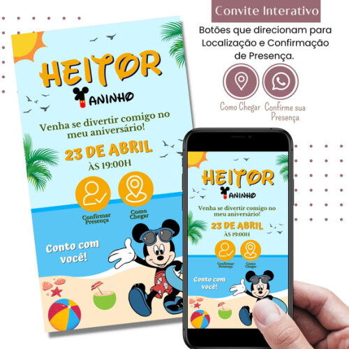 Convite Mickey Praia Pool Party Digital Interativo Virtual