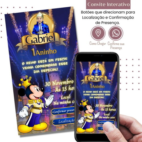 Convite Mickey Realeza Digital Interativo Virtual