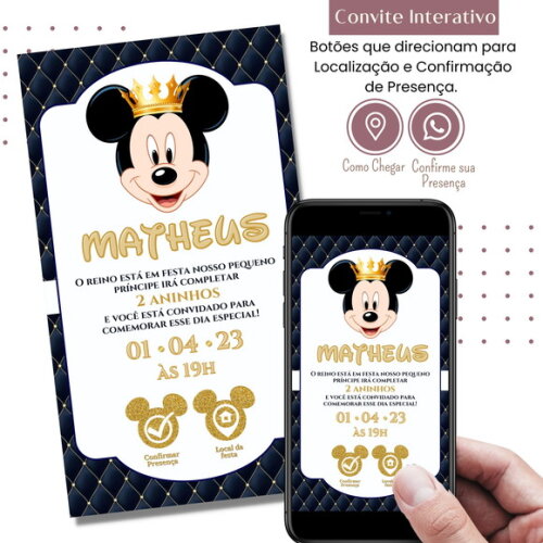 Convite Mickey Realeza Digital Interativo Virtual