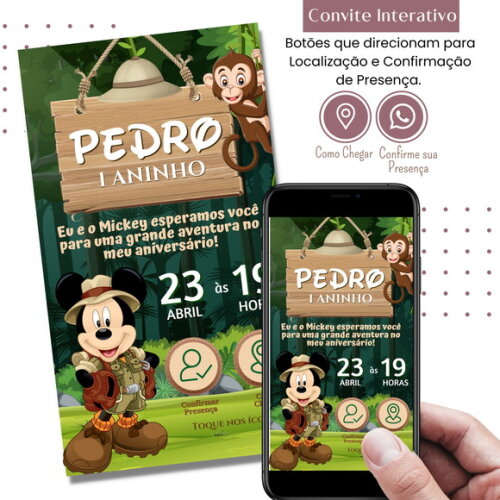 Convite Mickey Safari Digital Interativo Virtual