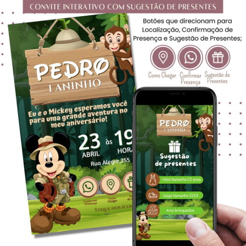 Convite Mickey Safari Digital Virtual Sugestão de Presente