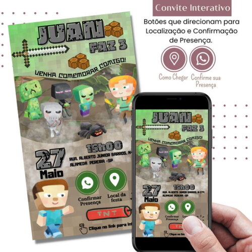 Convite Minecraft Aquarela Digital Interativo Virtual