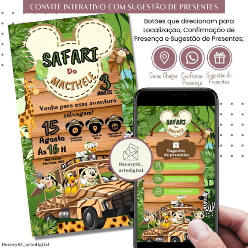 Convite Mickey Safari Digital Virtual Sugestão de Presente