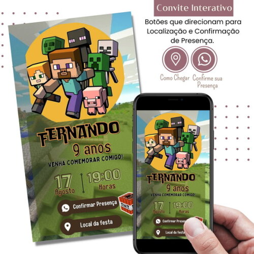 Convite Minecraft Digital Interativo Virtual