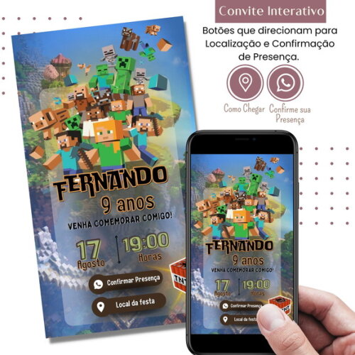 Convite Minecraft Digital Interativo Virtual