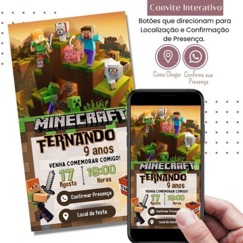 Convite Minecraft Digital Interativo Virtual