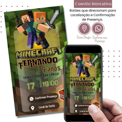 Convite Minecraft Digital Interativo Virtual