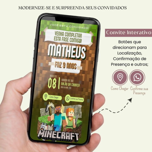 Convite Minecraft Digital Interativo Virtual Aniversário