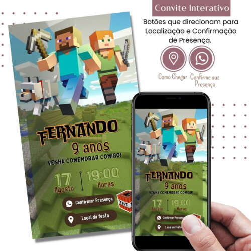 Convite Minecraft Digital Interativo Virtual