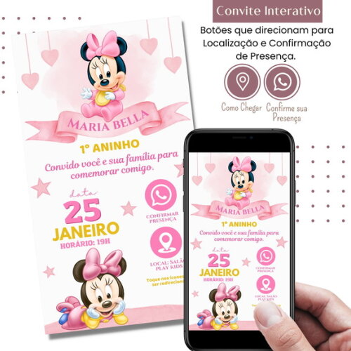 Convite Minnie Baby Rosa Digital Interativo Virtual