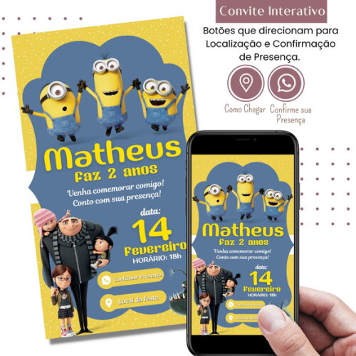 Convite Minions Digital Interativo Virtual Malvado Favorito