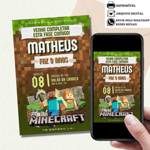 Convite Minecraft Digital Virtual Aniversário