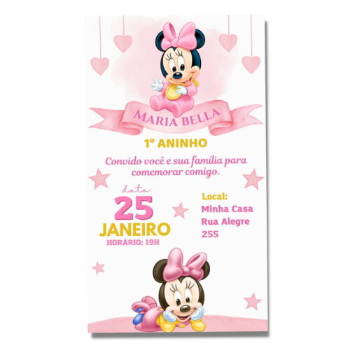 Convite Minnie Baby Rosa Digital Virtual