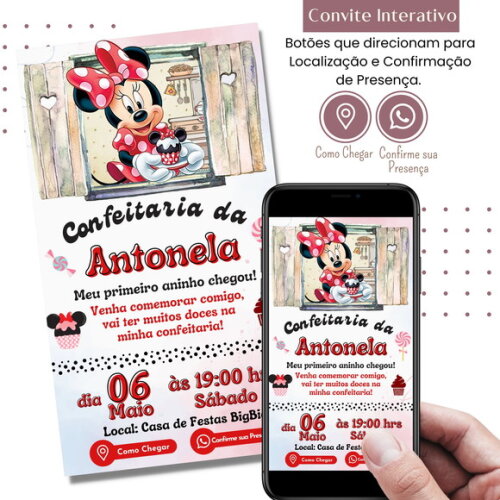 Convite Minnie Confeitaria Digital Interativo Virtual