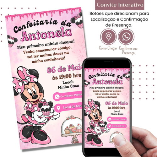 Convite Minnie Confeitaria Rosa Digital Interativo Virtual