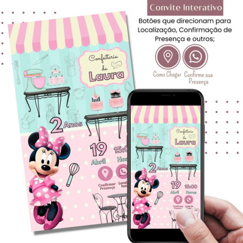 Convite Minnie Confeitaria Rosa Digital Interativo Virtual