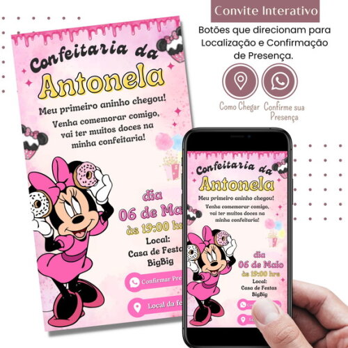 Convite Minnie Confeitaria Rosa Digital Interativo Virtual