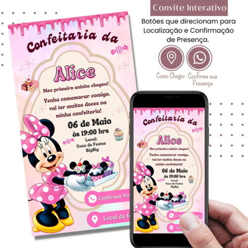 Convite Minnie Confeitaria Rosa Digital Interativo Virtual
