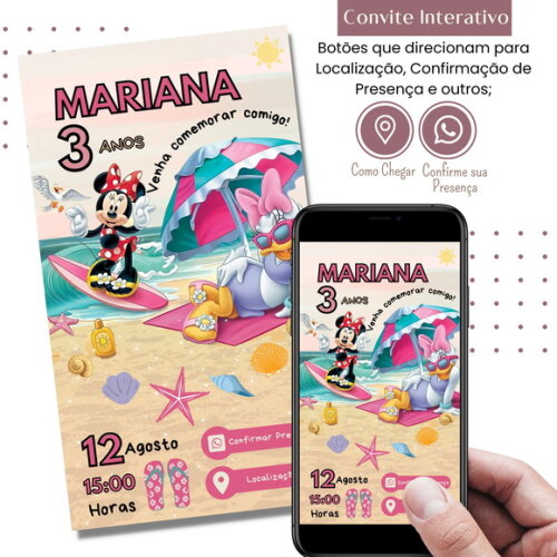 Convite Minnie Margarida Praia Digital Interativo Virtual