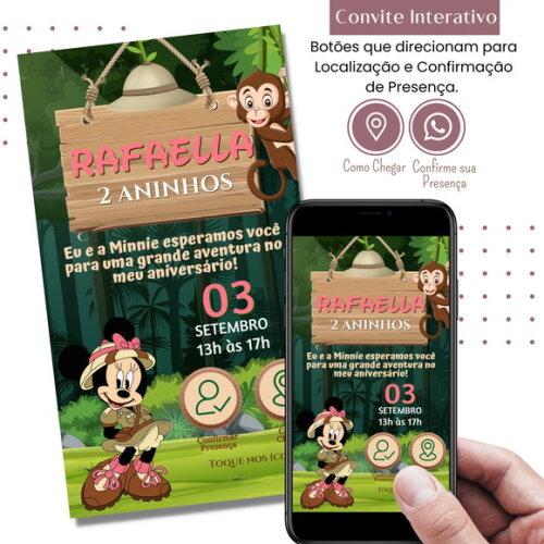 Convite Minnie Mickey Safari Digital Interativo Virtual