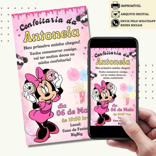 Convite Minnie Rosa Confeitaria Digital Virtual