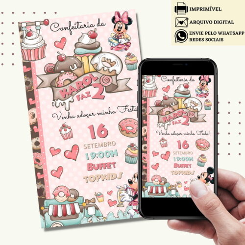 Convite Minnie Rosa Confeitaria Digital Virtual