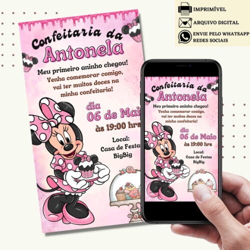 Convite Minnie Rosa Confeitaria Digital Virtual