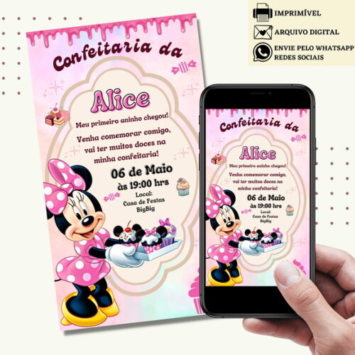 Convite Minnie Rosa Confeitaria Digital Virtual