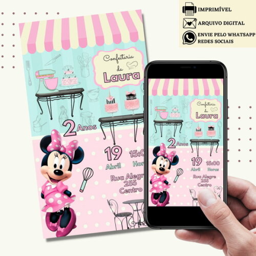 Convite Minnie Rosa Confeitaria Digital Virtual