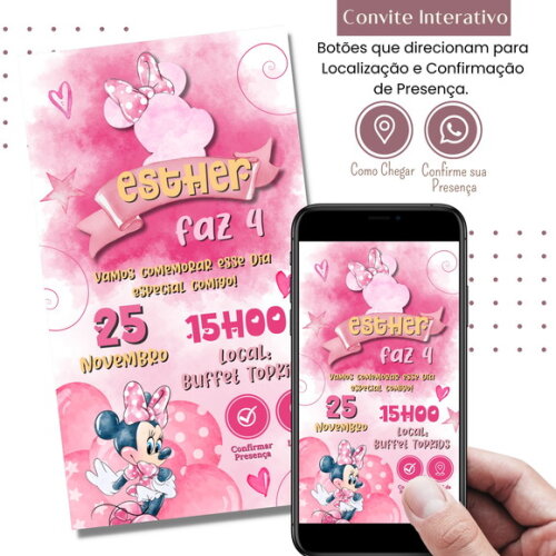Convite Minnie Rosa Digital Interativo Virtual