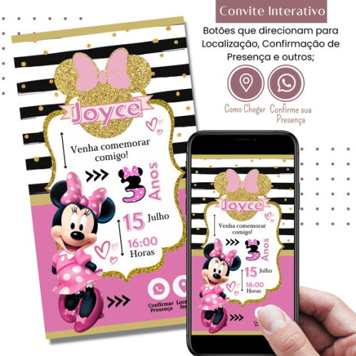 Convite Minnie Rosa Digital Interativo Virtual