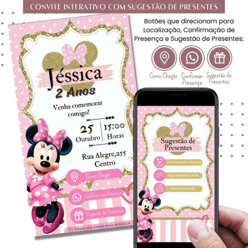 Convite Minnie Rosa Digital Interativo Sugestão de Presente