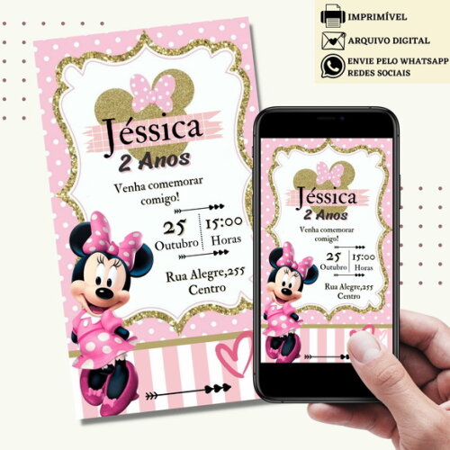 Convite Minnie Rosa Digital Virtual