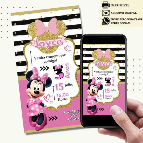 Convite Minnie Rosa Digital Virtual