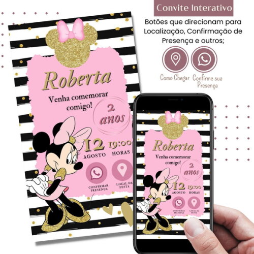 Convite Minnie Rosa Digital Interativo Virtual