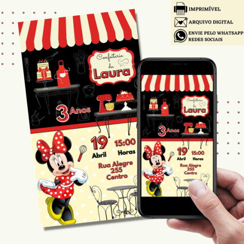 Convite Minnie Vermelha Confeitaria Digital Virtual