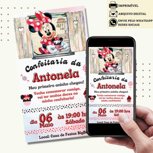 Convite Minnie Vermelha Confeitaria Digital Virtual