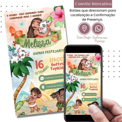 Convite Moana Aquarela Digital Interativo Virtual