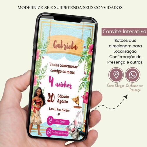 Convite Moana Digital Interativo Virtual Aniversário
