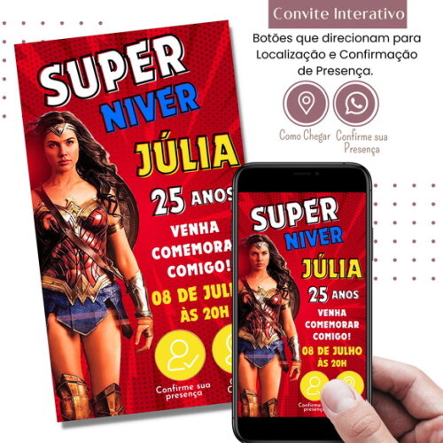 Convite Mulher-maravilha Adulto Digital Interativo Virtual