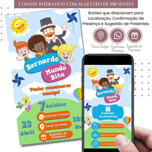 Convite Mundo Bita Digital Interativo Sugestão de Presente